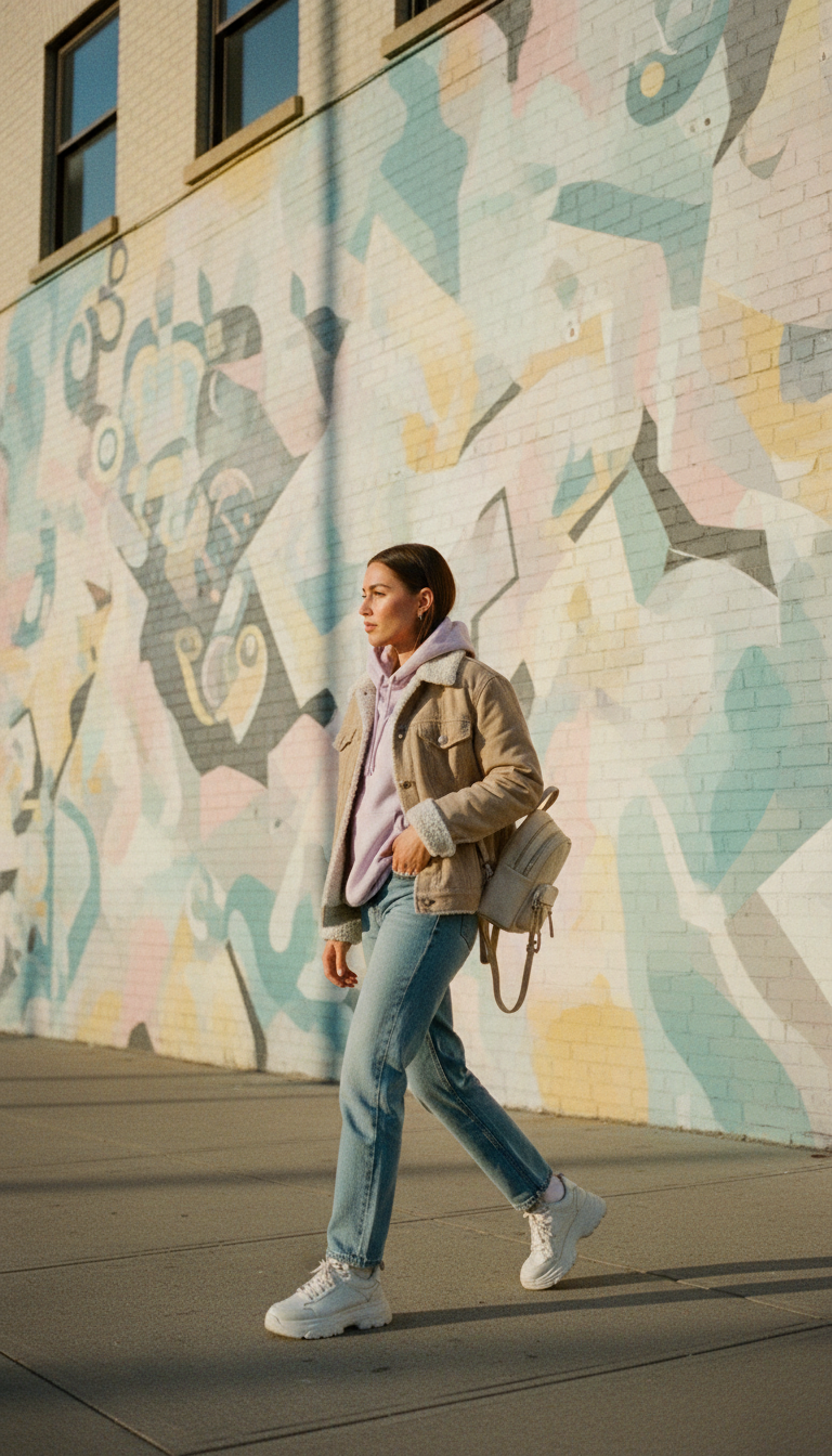 Woman wearing light blue straight-leg jeans with a soft lavender oversized hoodie layered under a beige shearling-lined denim jacket, white platform sneakers and mini backpack walking past a mural-covered urban wall