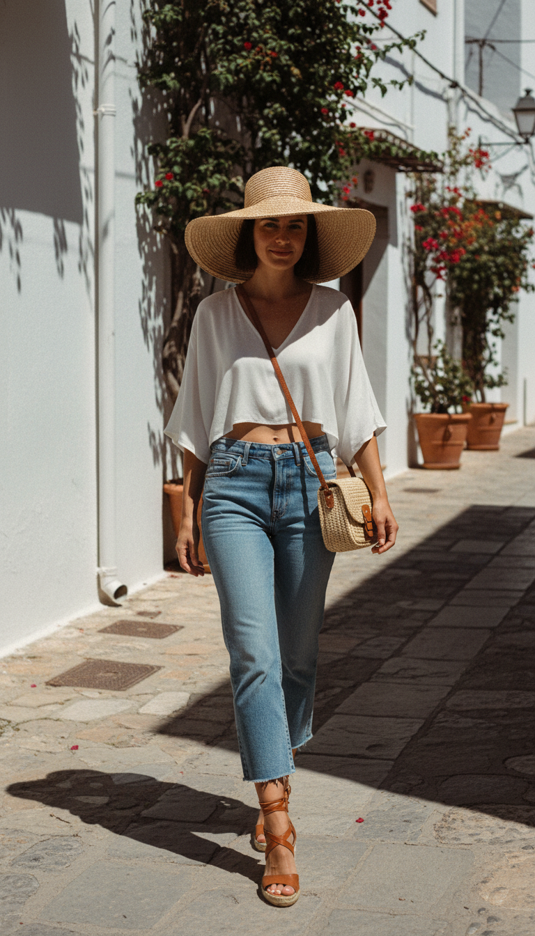 Woman wearing cropped light blue jeans with a white breezy crop top and oversized straw sunhat, tan leather espadrille wedges on a sun-drenched Mediterranean street