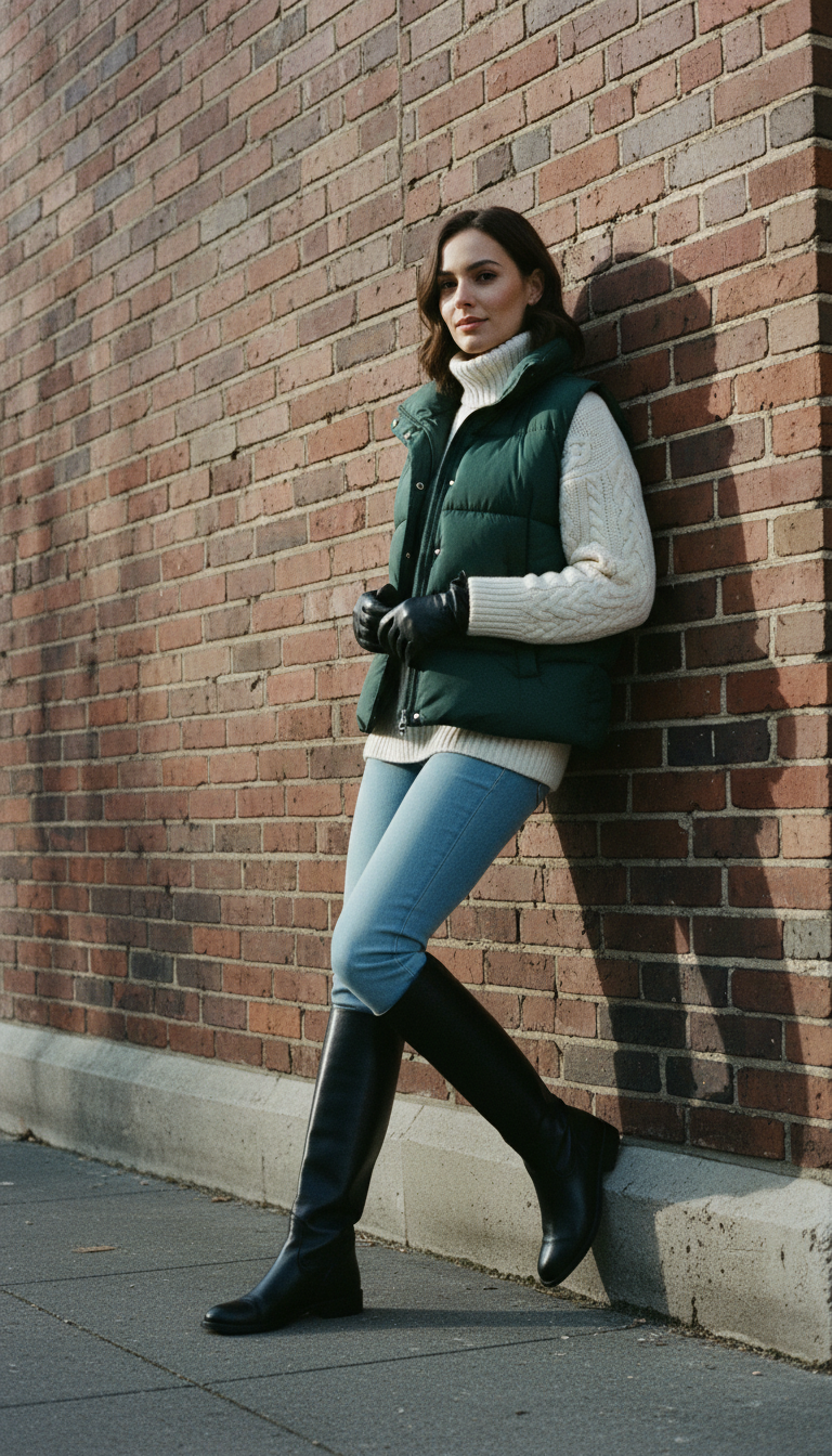 Woman wearing light blue skinny jeans tucked into tall black leather riding boots, deep forest green puffer vest over ivory cable knit turtleneck sweater against a red brick wall