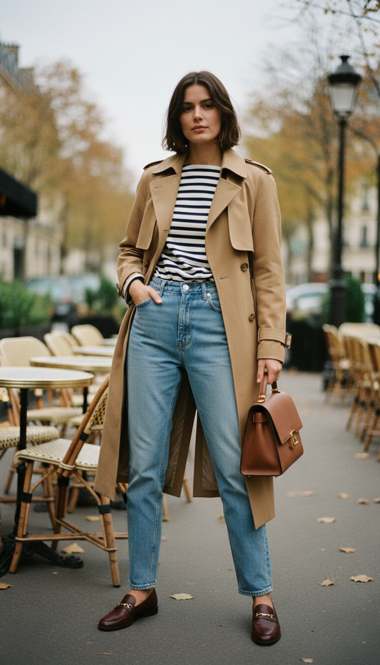 Woman wearing light blue high-waisted jeans with a camel belted trench coat over a striped Breton shirt, burgundy leather loafers standing at a Parisian cafe terrace