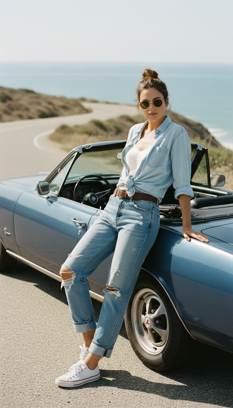 Woman wearing distressed light blue boyfriend jeans with a tied chambray shirt over a white camisole, brown leather belt and white sneakers leaning against a vintage car on a coastal road
