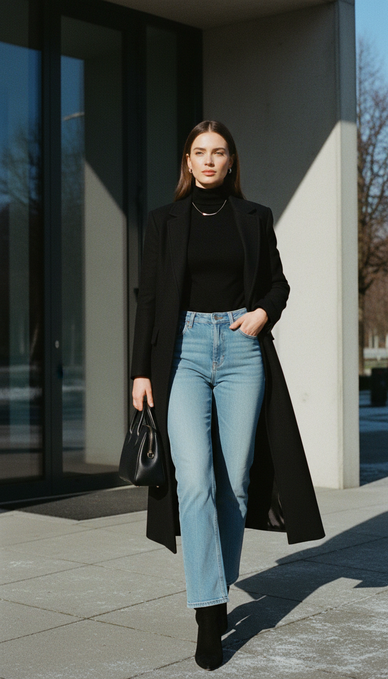 Woman wearing light blue bootcut jeans with a black fitted turtleneck and tailored long black wool coat, black suede knee-high boots and silver minimalist jewelry at a modern building entrance