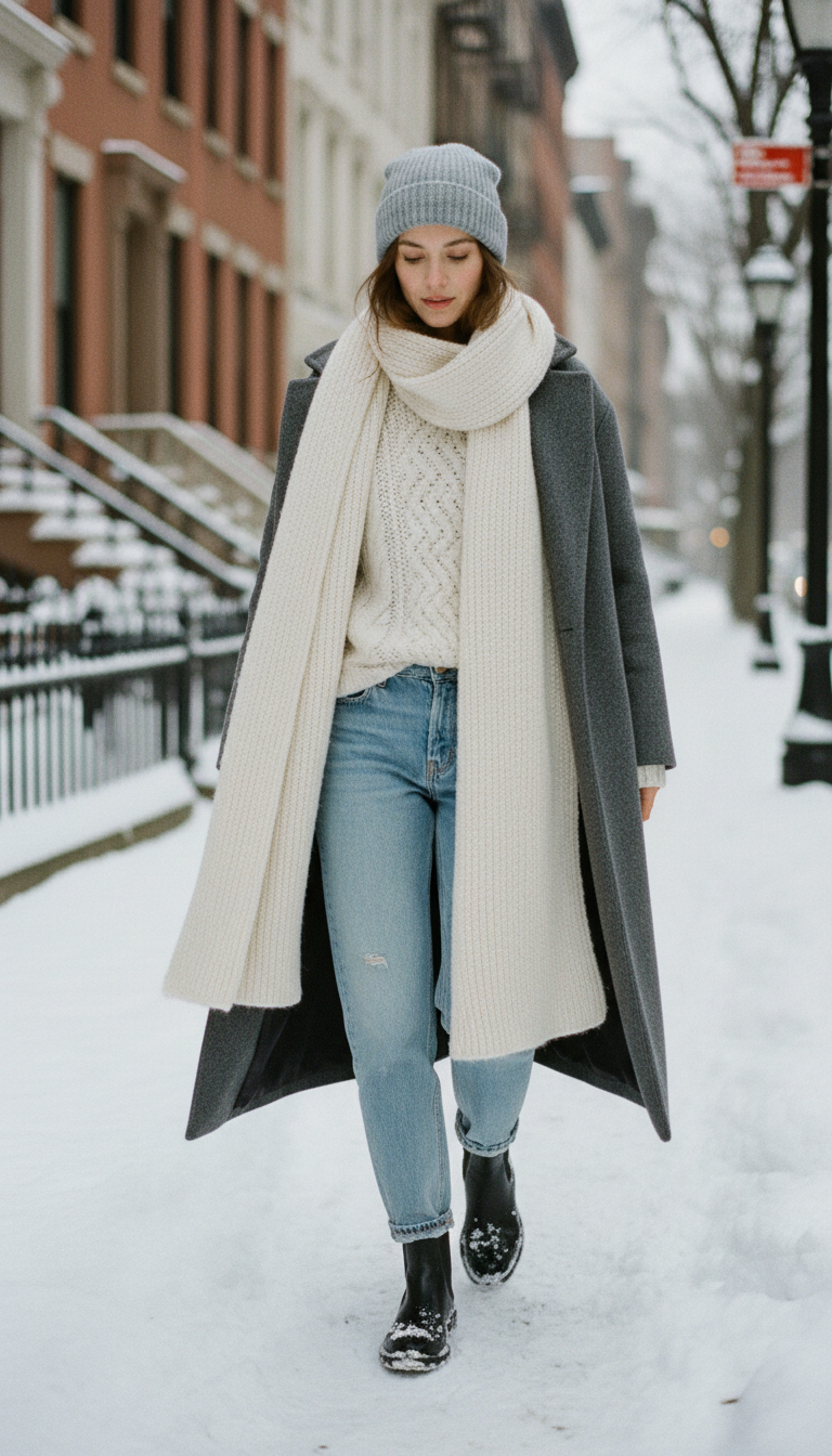 Woman wearing light blue jeans with a thick cream fisherman knit sweater and long charcoal wool overcoat, black Chelsea boots and cream wool scarf on a snowy city sidewalk