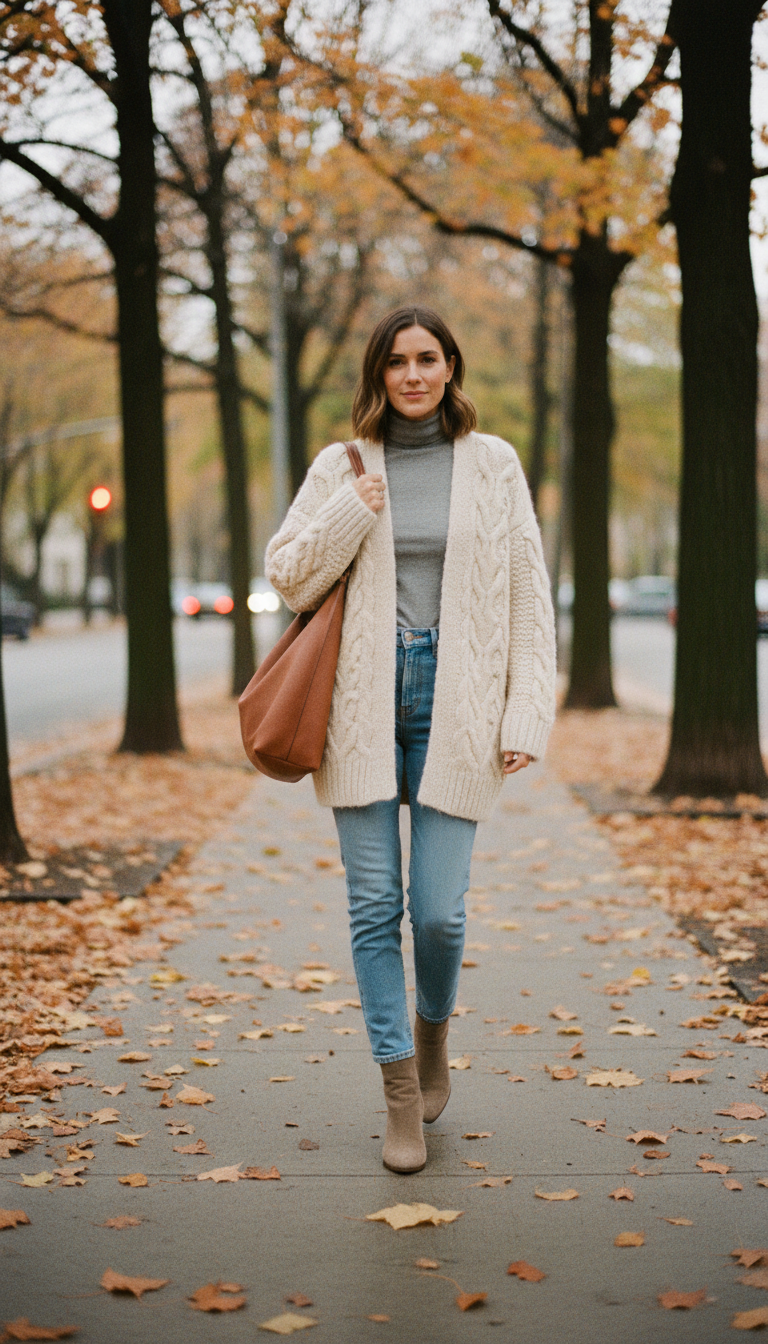 Woman wearing light blue slim jeans with an oversized cream cable knit cardigan open over a grey turtleneck, suede ankle boots and leather tote on a tree-lined autumn sidewalk