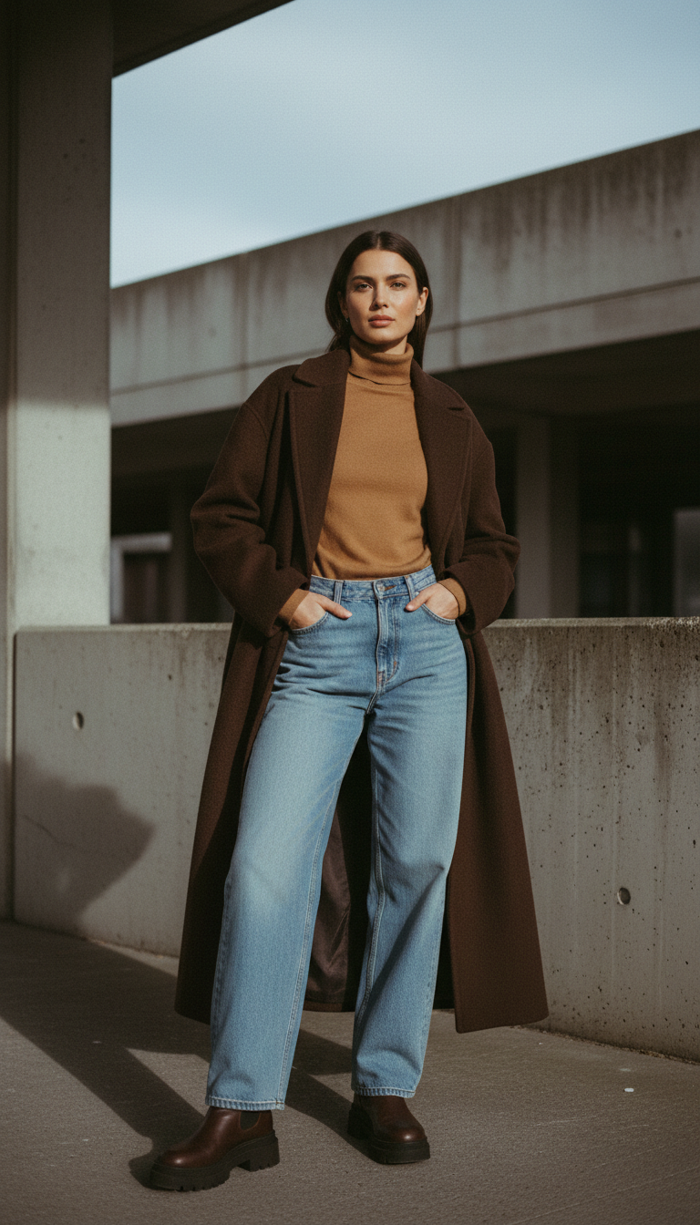 Woman wearing light blue wide-leg jeans with a heavy chocolate-brown long wool coat and tucked-in cashmere turtleneck in camel, chunky platform boots against brutalist architecture