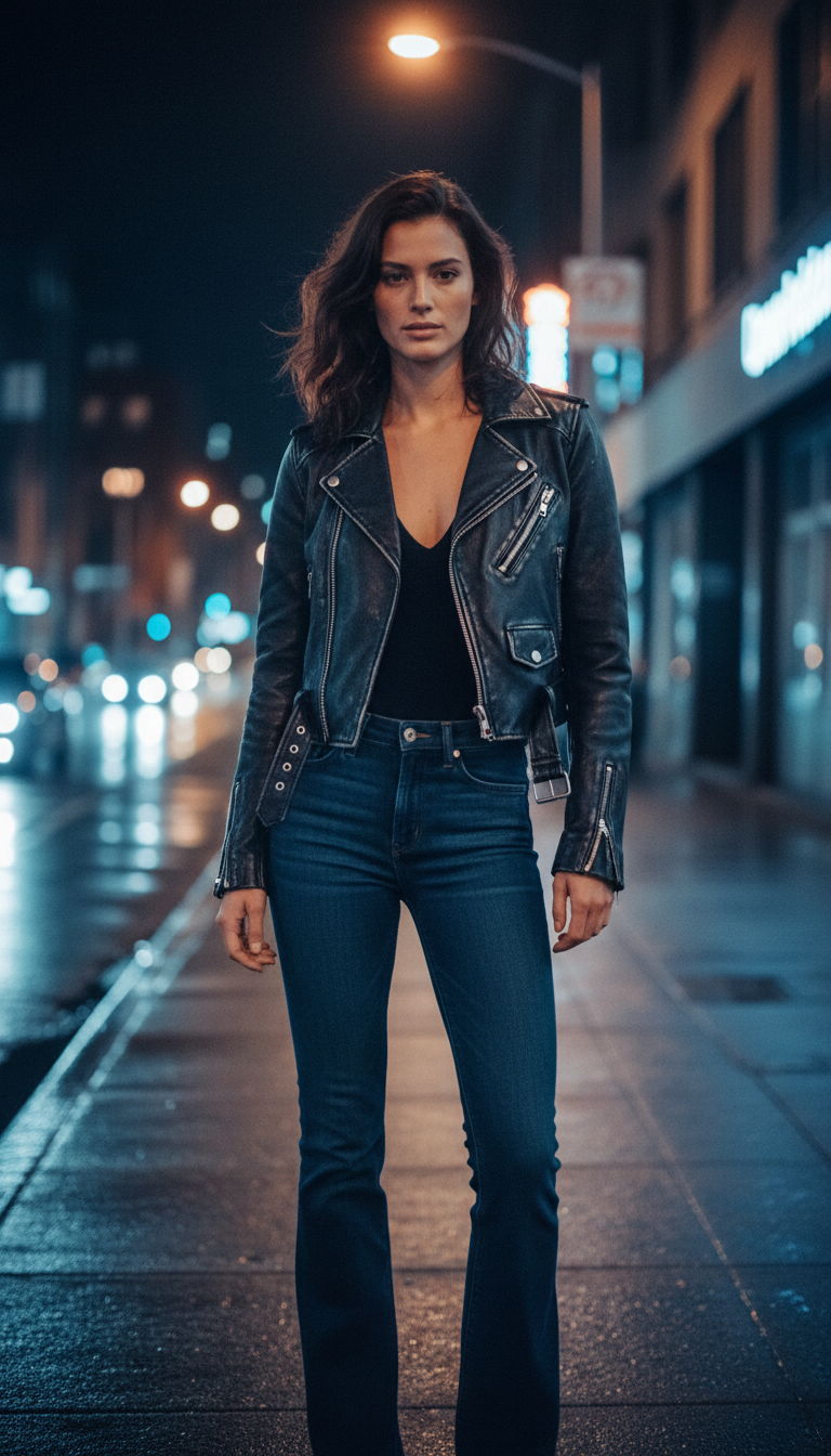 Woman wearing dark blue bootcut jeans with a cropped black leather biker jacket in urban evening setting