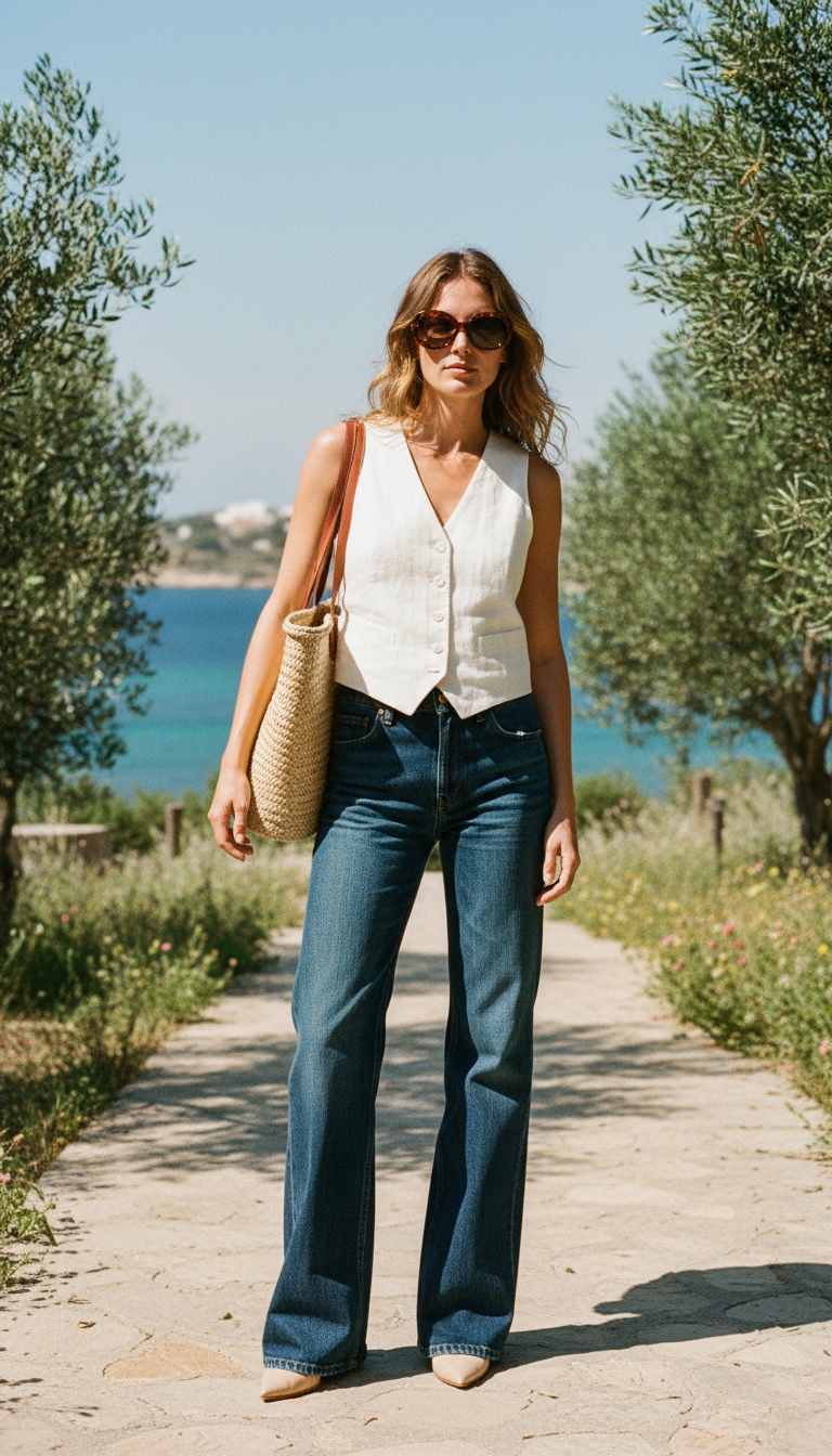Woman wearing dark blue bootcut jeans with a white sleeveless linen vest and straw tote in summer