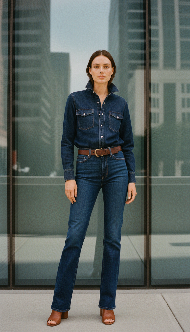 Woman wearing matching dark blue denim shirt and bootcut jeans with brown leather belt