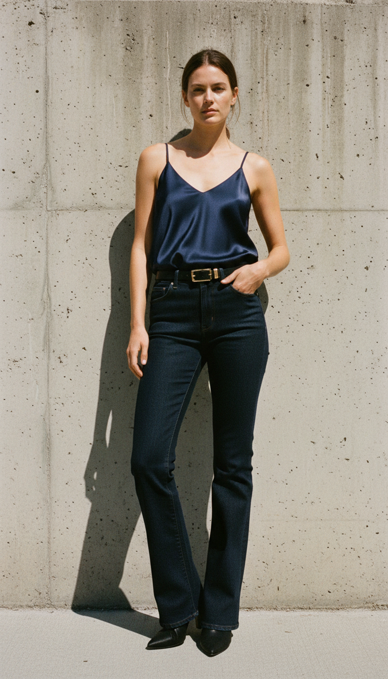 Woman in monochromatic navy outfit with dark blue bootcut jeans and silk camisole