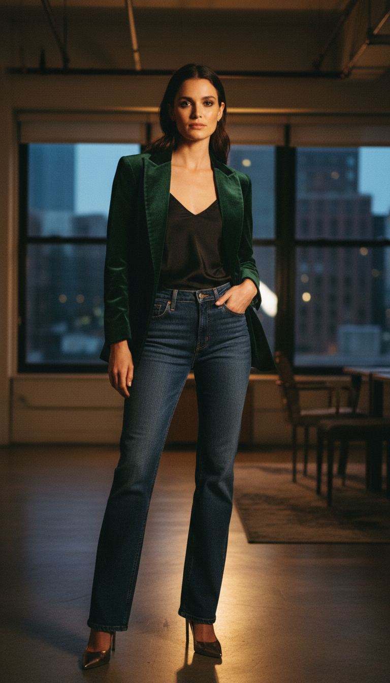 Woman wearing dark blue bootcut jeans with a deep emerald velvet blazer for evening