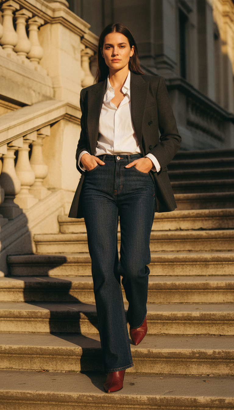 Woman wearing dark blue bootcut jeans with a structured charcoal blazer and white button-down shirt