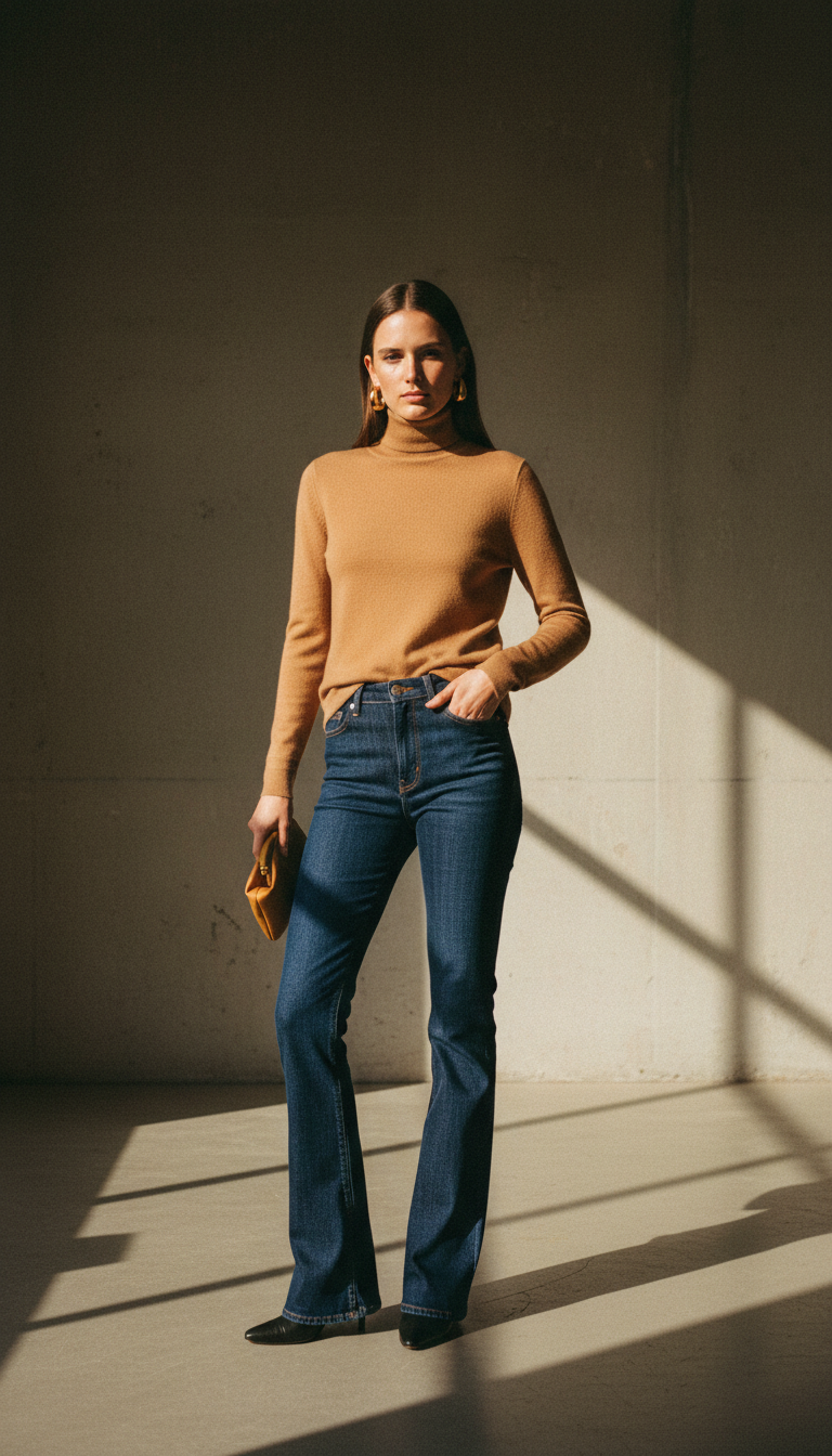 Woman in dark blue bootcut jeans with a fitted camel cashmere turtleneck and gold hoop earrings