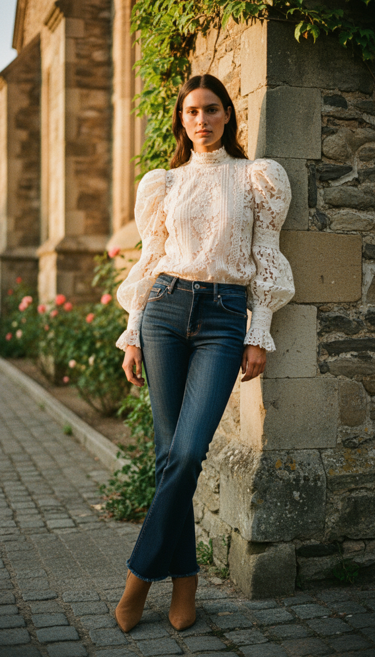 Woman wearing dark blue bootcut jeans paired with a cream high-neck Victorian lace blouse