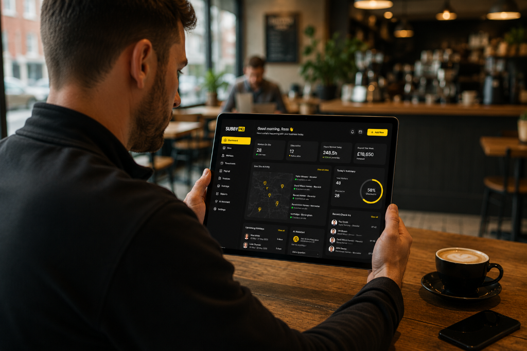 Business owner reviewing SubbyLive dashboard on a tablet in a cafe