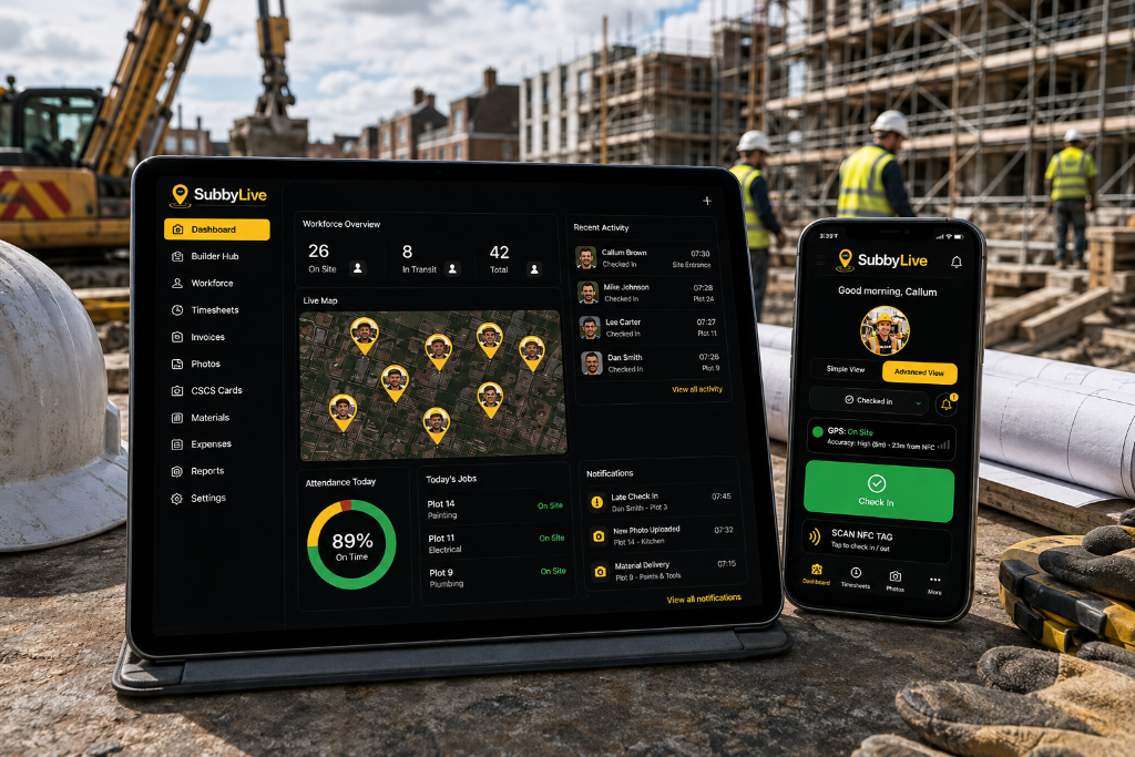 SubbyLive dashboard on a tablet and worker app on a phone at a construction site