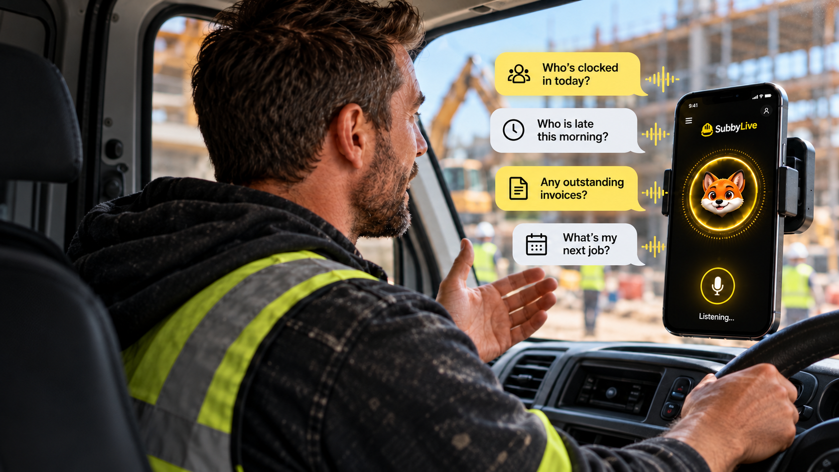 A tradesperson in his van using Ask Subby on his phone, asking who's clocked in, who's late, outstanding invoices and his next job