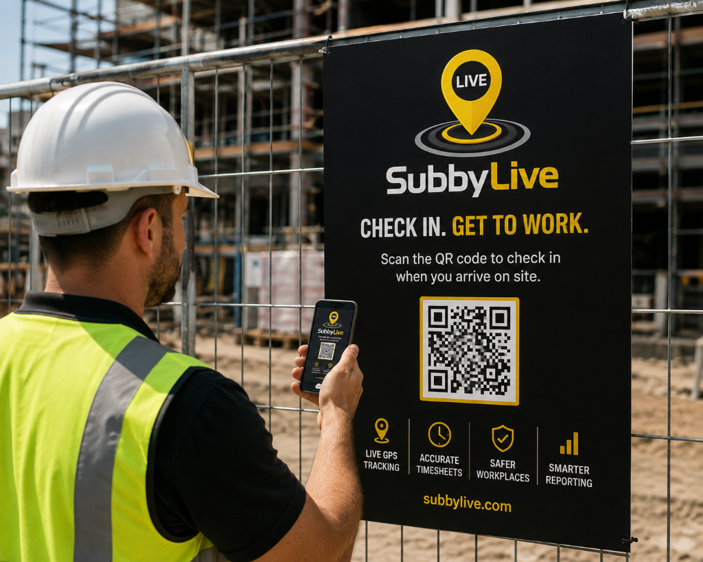 SubbyLive NFC site check-in board on a construction site fence