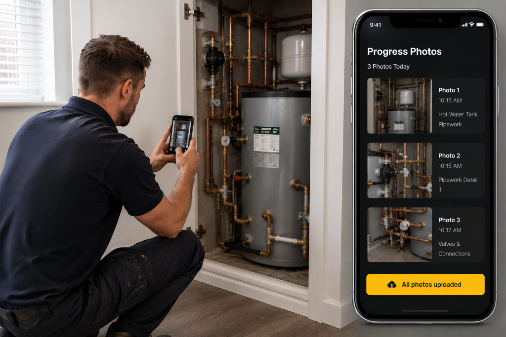 Plumber photographing pipework progress to log in the app