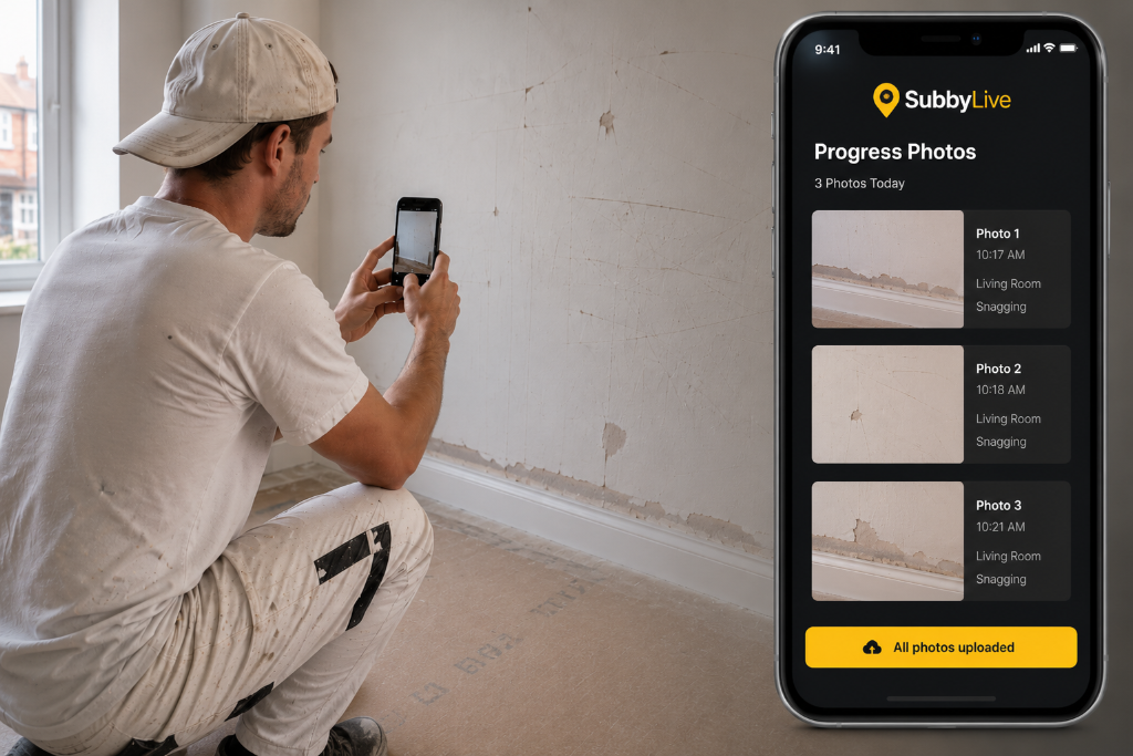 Painter photographing a wall issue to report to the site manager