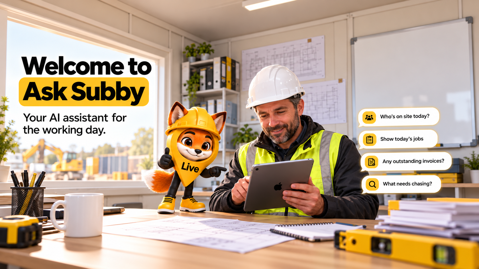 Welcome to Ask Subby - your AI assistant for the working day. A fox mascot and a construction worker review a tablet showing example questions like who's on site today, today's jobs, outstanding invoices and what needs chasing.