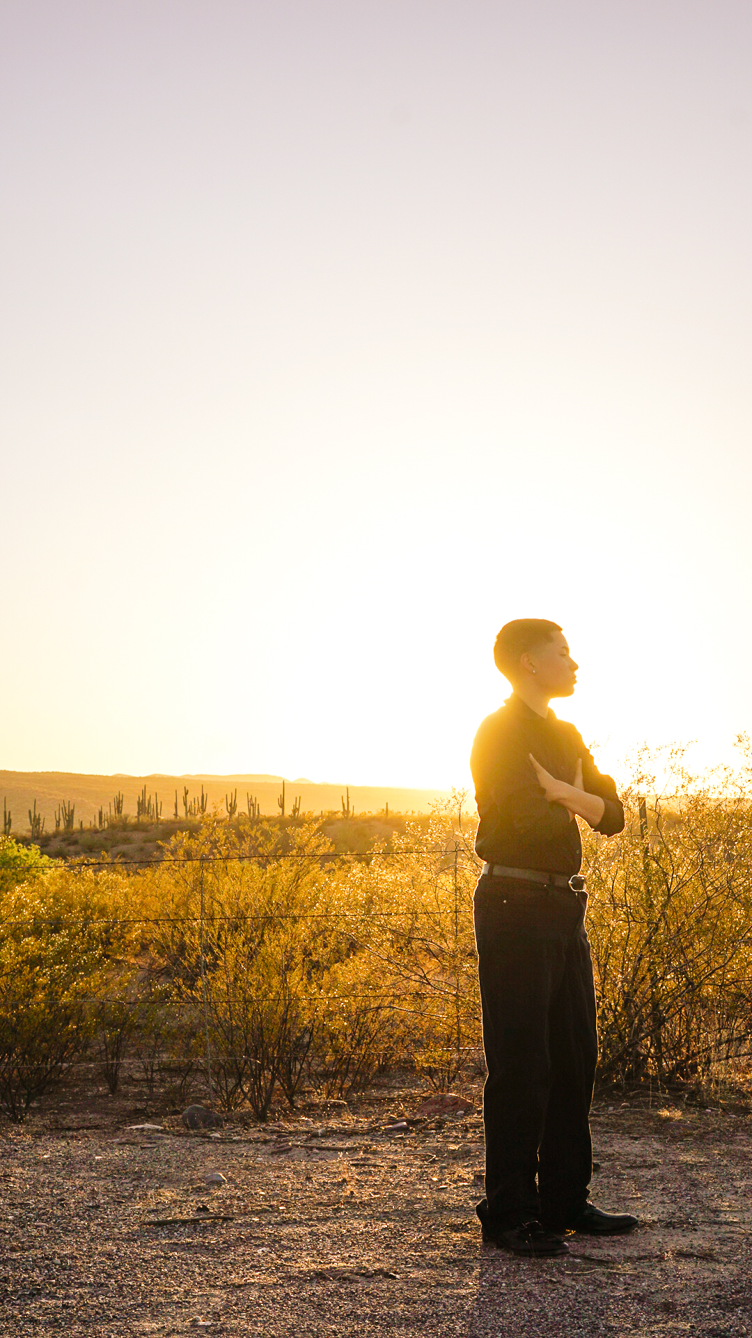 Silhouette of young man gazing at golden sunset over Arizona desert