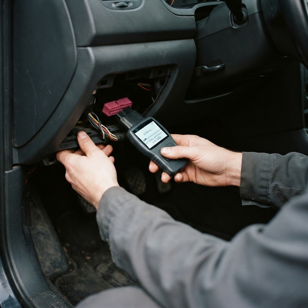 Mechanic using a diagnostic scanner plugged into a car’s OBD port