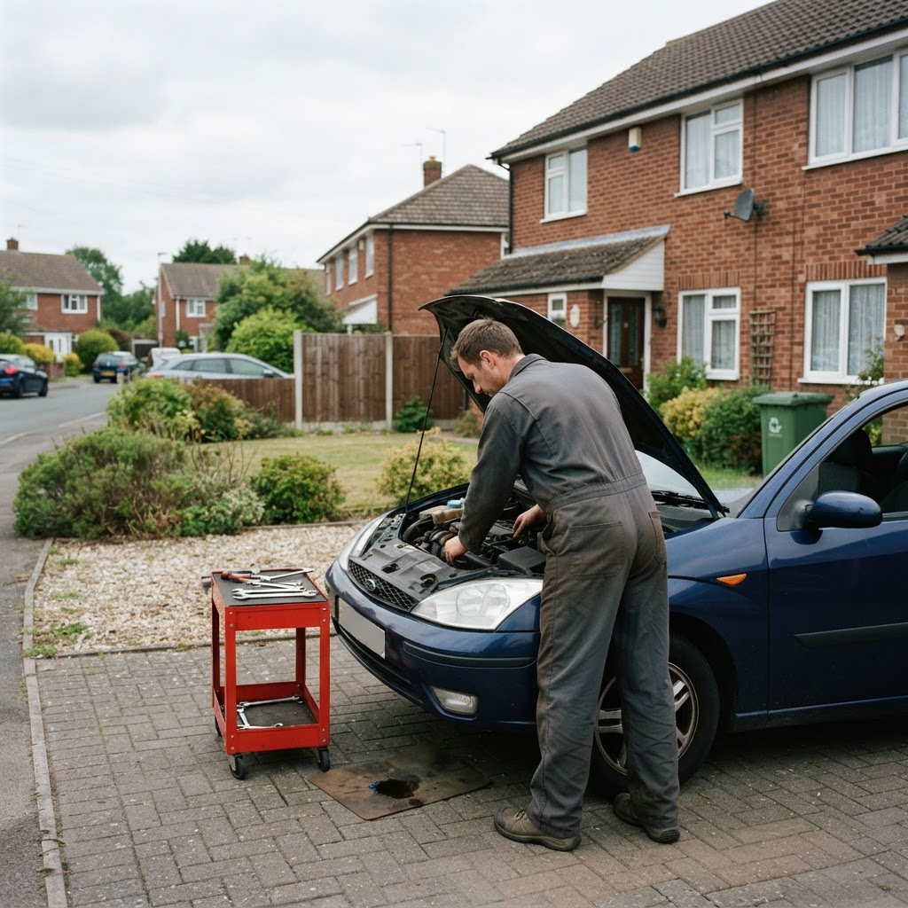 Mobile mechanic helping a car owner at a driveway in Paignton