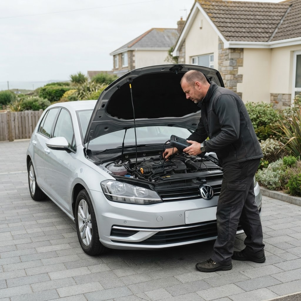 A Bay Motor Assist mobile mechanic working on a car engine on a residential driveway in Torquay