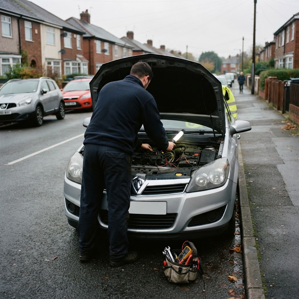 Mechanic inspecting a car that won’t start at the roadside in Torquay