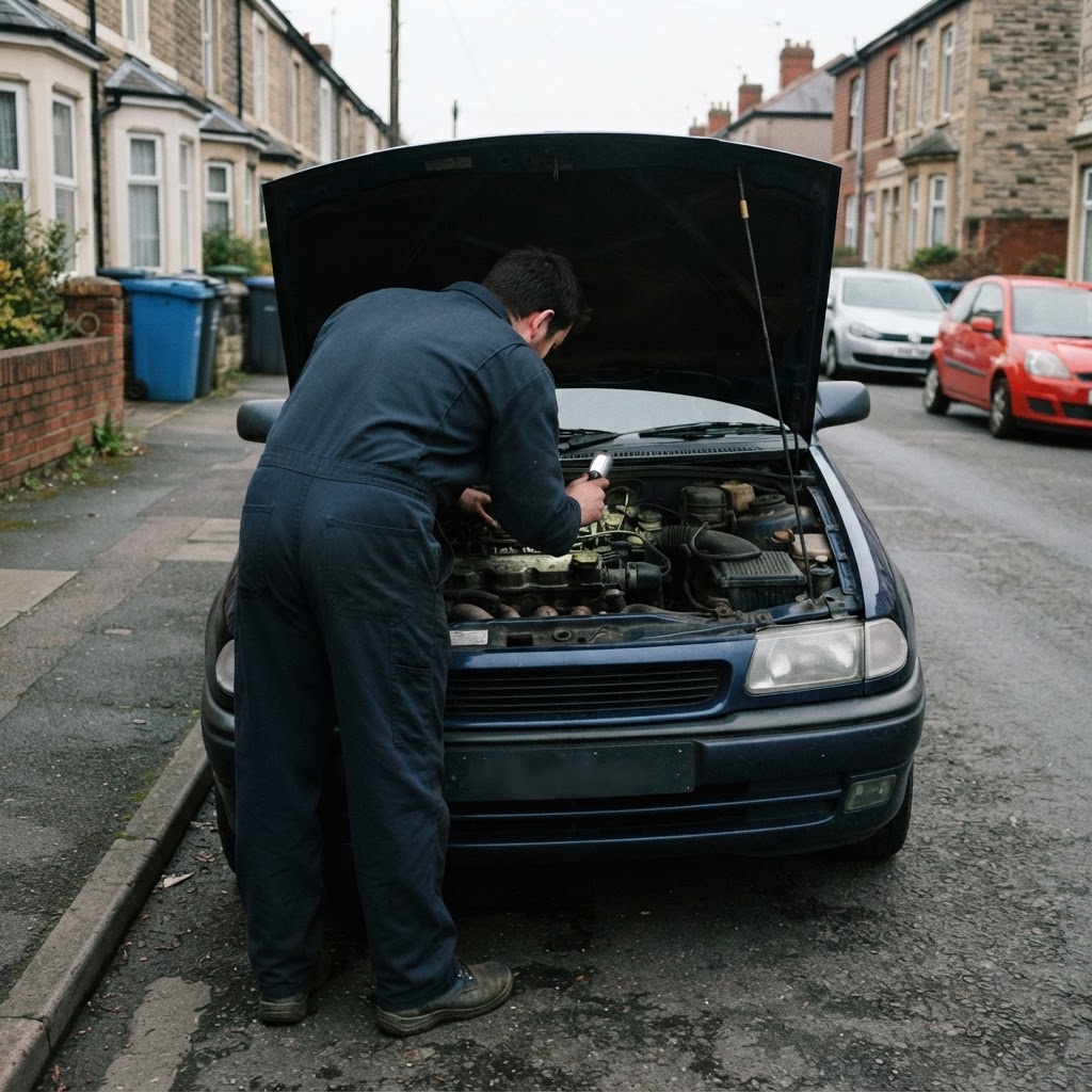 A mobile mechanic inspecting a car engine bay