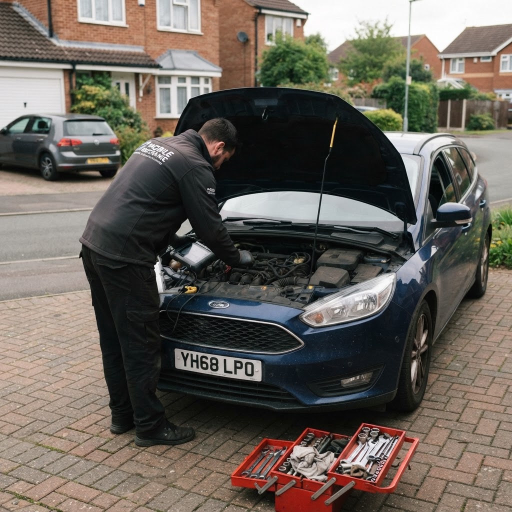 A Bay Motor Assist mobile mechanic working on a customer's car on a residential driveway