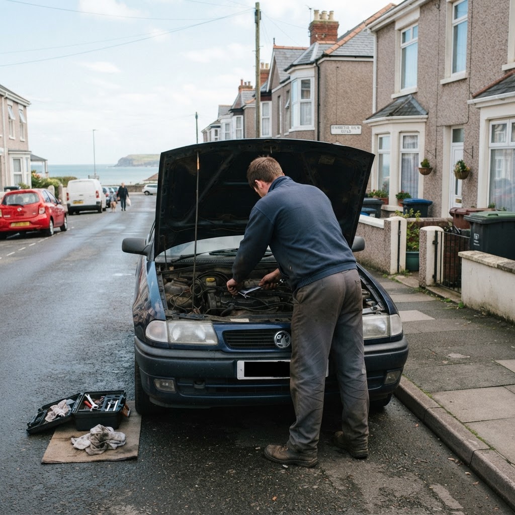 Mechanic working under the bonnet of a car on a residential street in Torbay