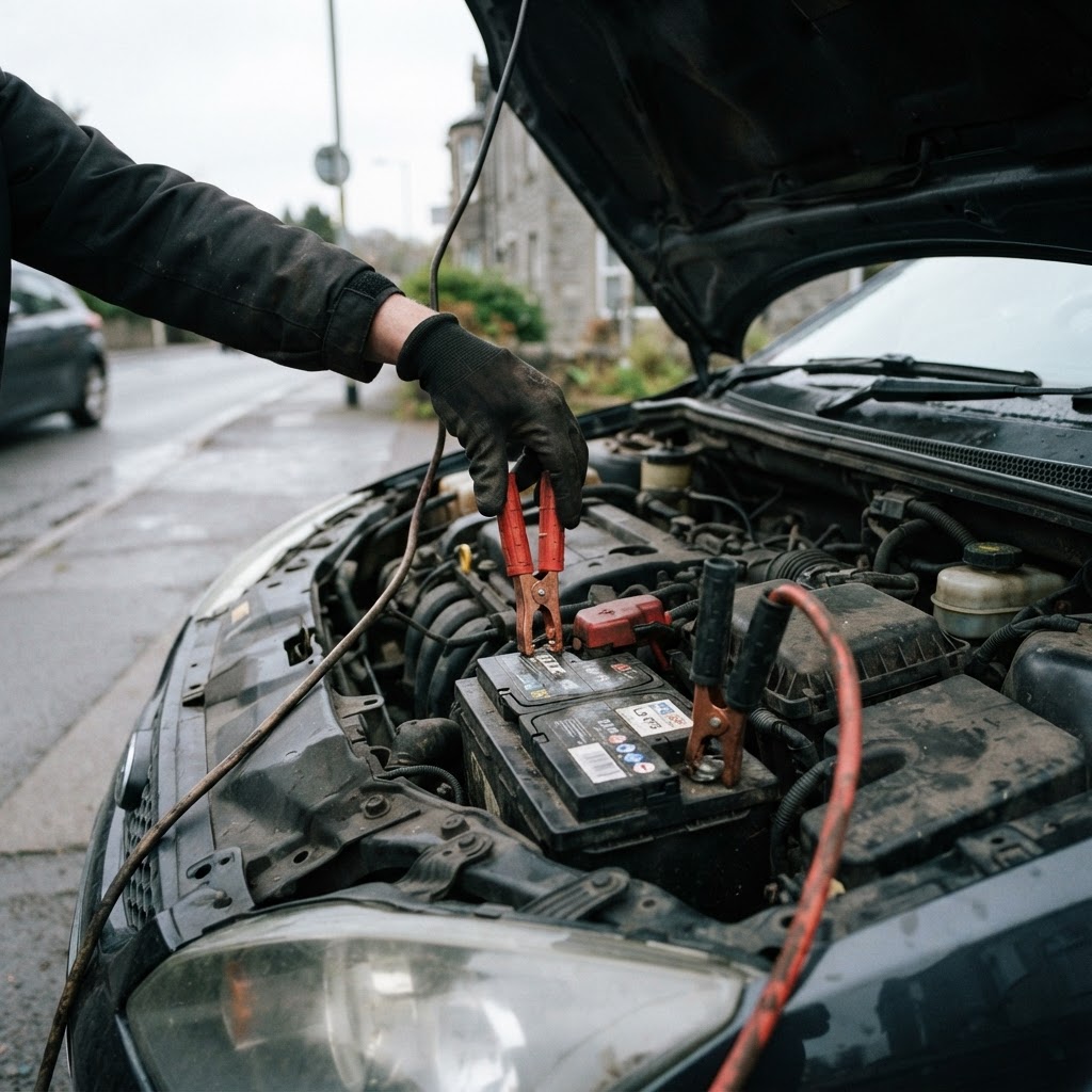 Mechanic connecting jump leads to a car battery at the roadside