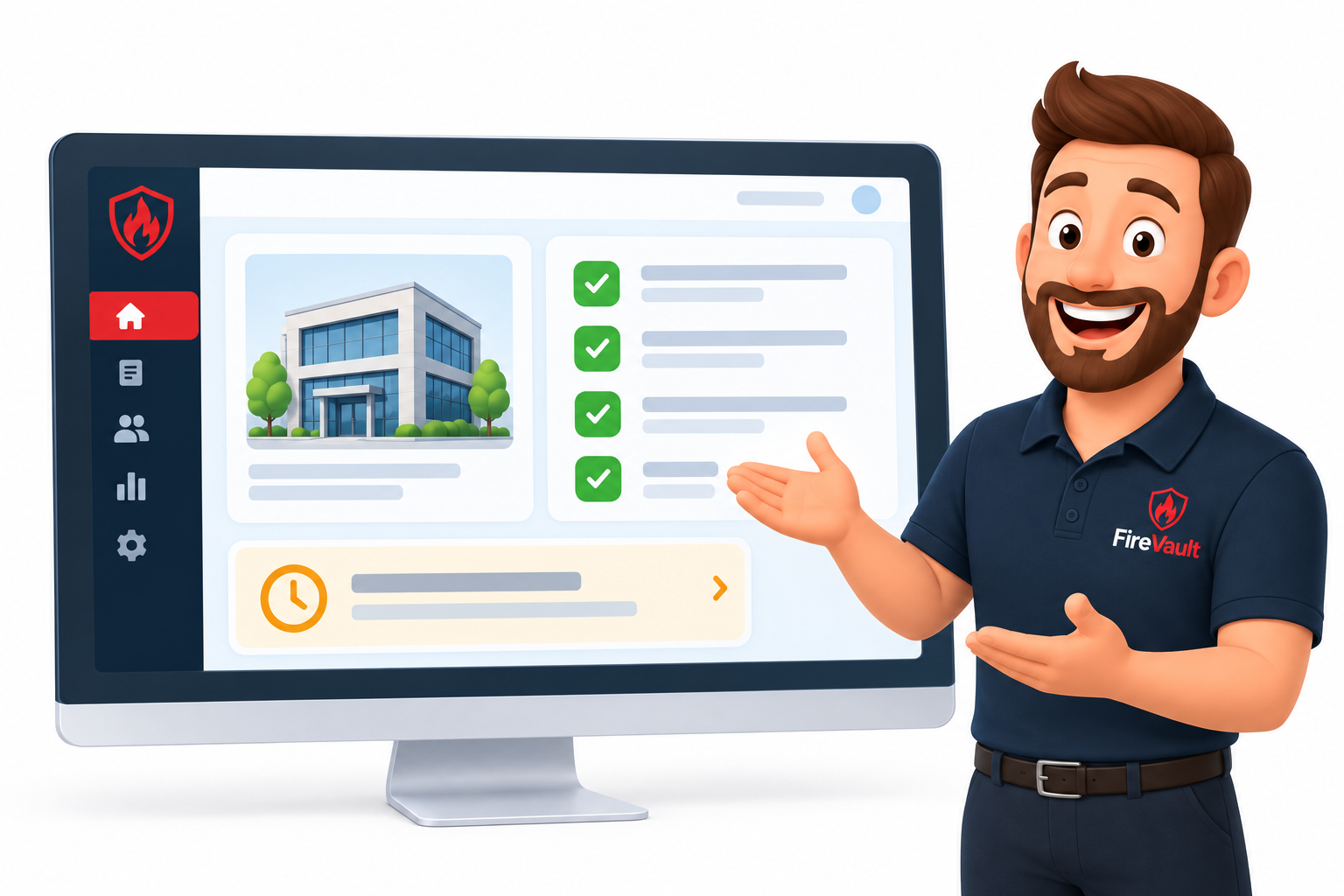Illustration of the FireVault business dashboard showing a premises preview, a completed task checklist, and a pending task card, presented by a FireVault mascot in a branded polo shirt.