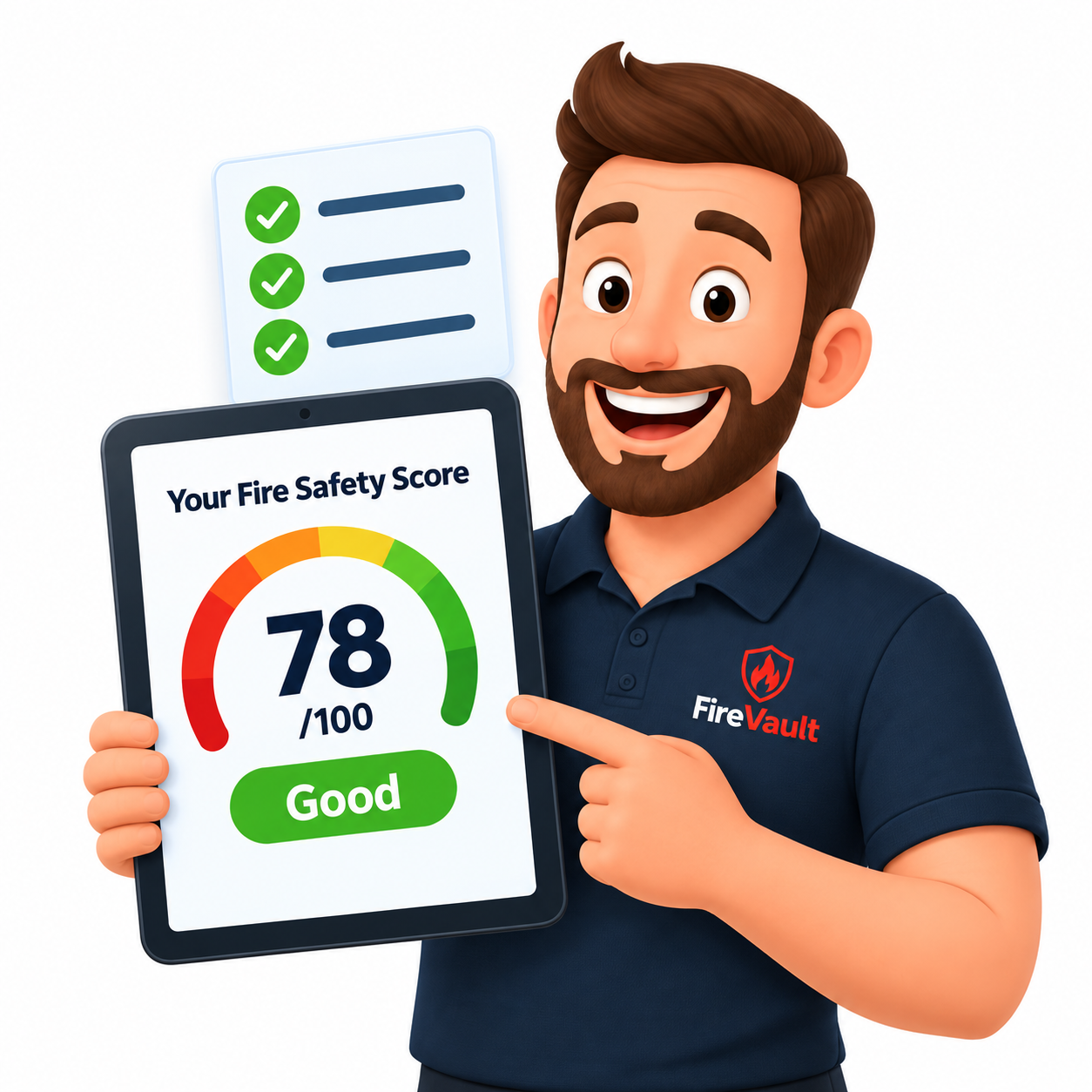 Illustration of a friendly FireVault mascot presenting a fire safety score of 78 out of 100 on a tablet, labelled as an example score.