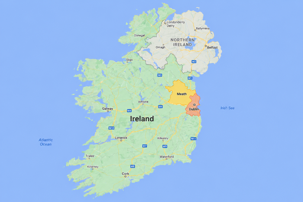 Map of Ireland showing Dublin and Meath highlighted as service areas