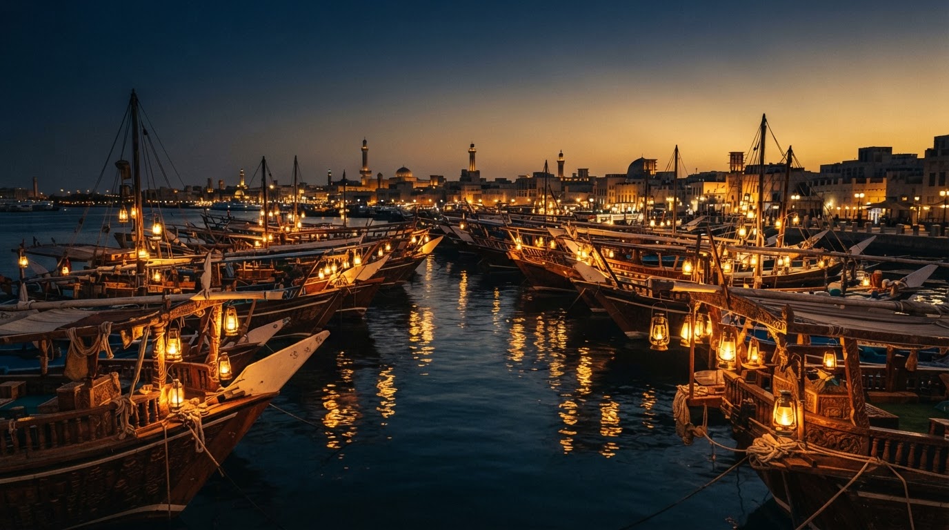 Lantern-lit harbour at dusk