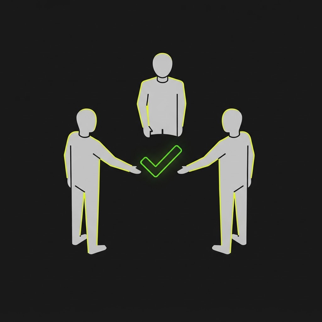 Three partners standing in a circle, working as a team with a green checkmark — the Matrix way