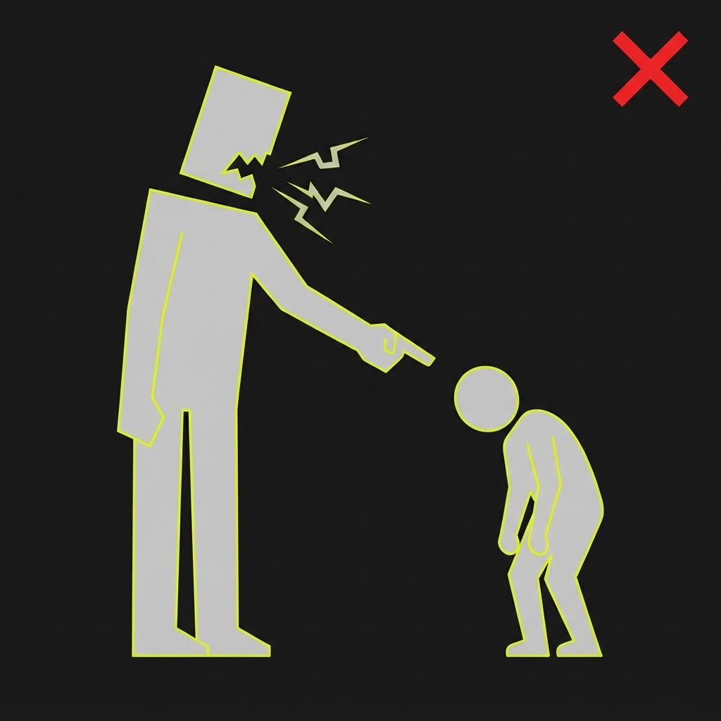 A boss shouting down at an employee, pointing a finger — the old way of hiring