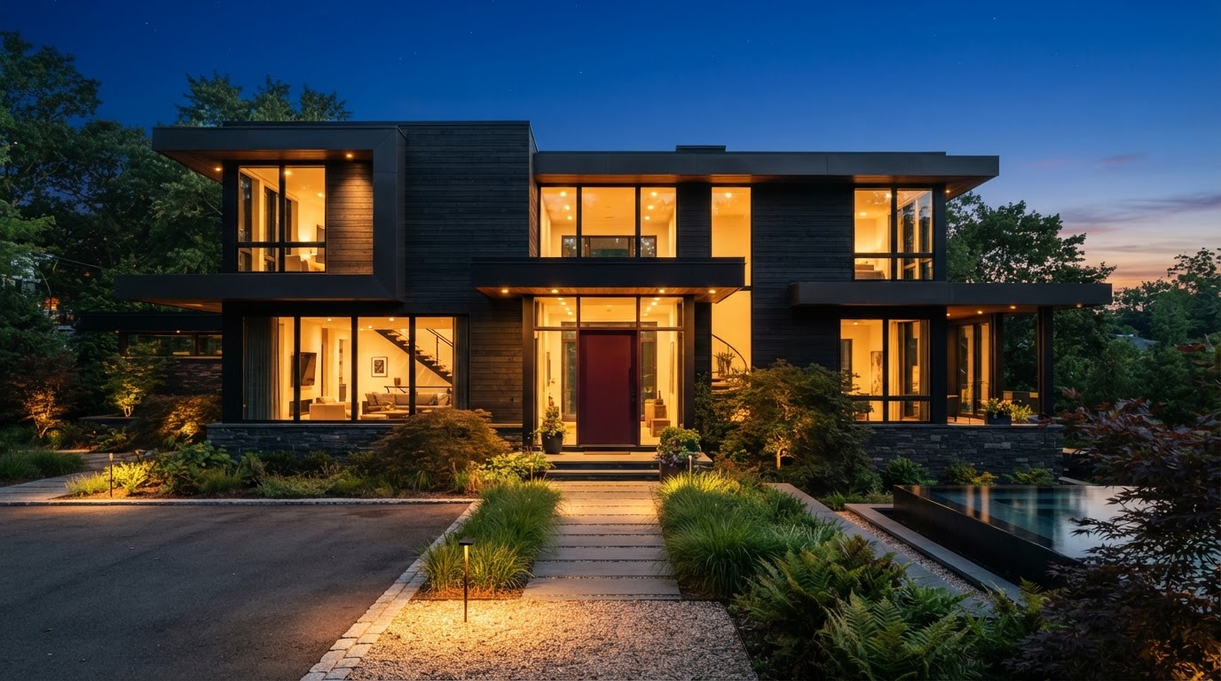 Modern home exterior at dusk