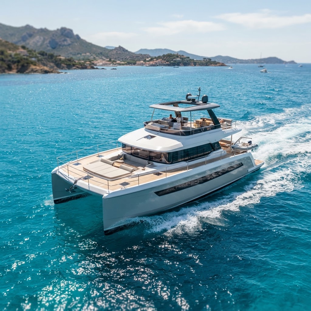 Luxury motor yacht cruising at golden hour