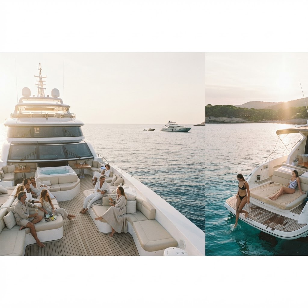 Guests relaxing on the aft deck of a 50 metre superyacht at golden hour