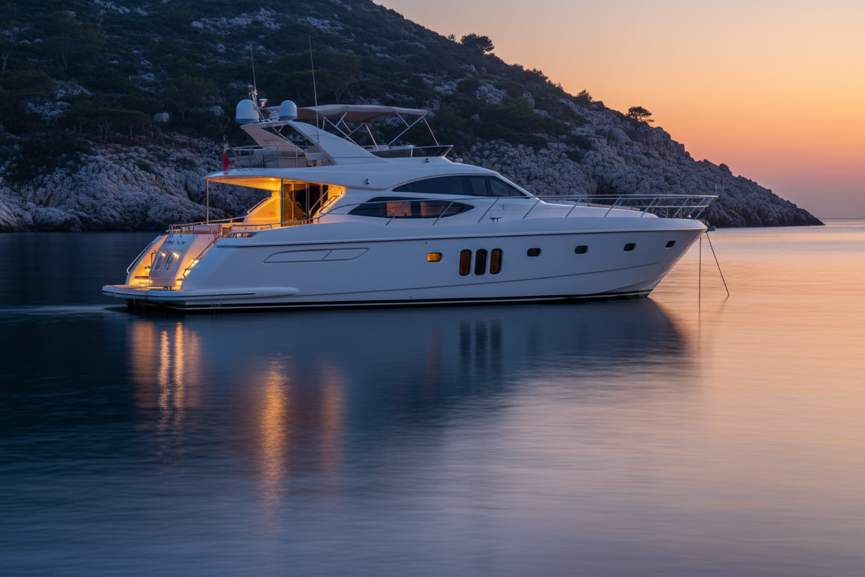 Motor yacht anchored at sunset