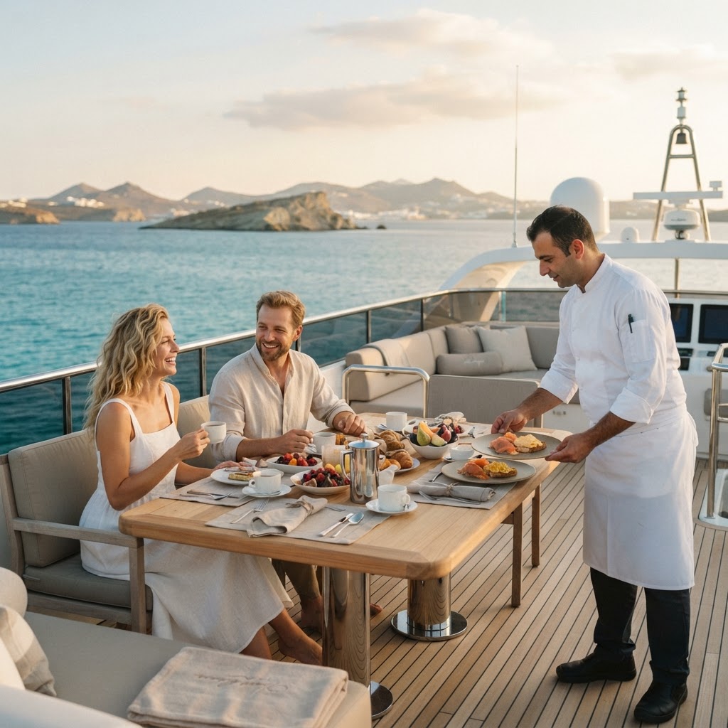 Al fresco breakfast laid on the flybridge of a 40 metre superyacht with a chef serving guests