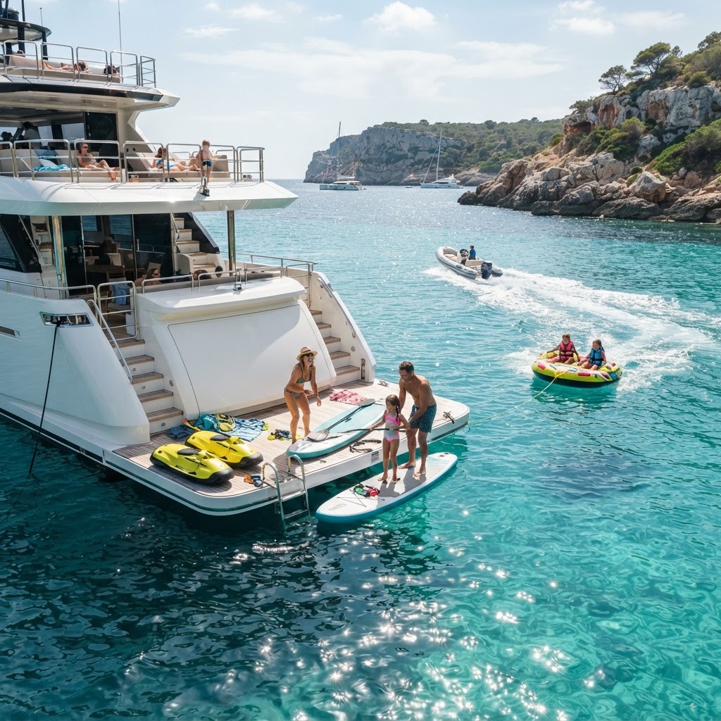 Family enjoying water sports and swimming from the bathing platform of a luxury yacht in a turquoise bay