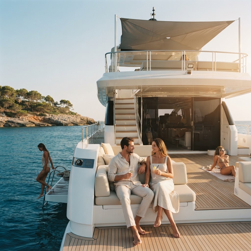 Charter guests relaxing on the aft deck of a 40 metre motor yacht