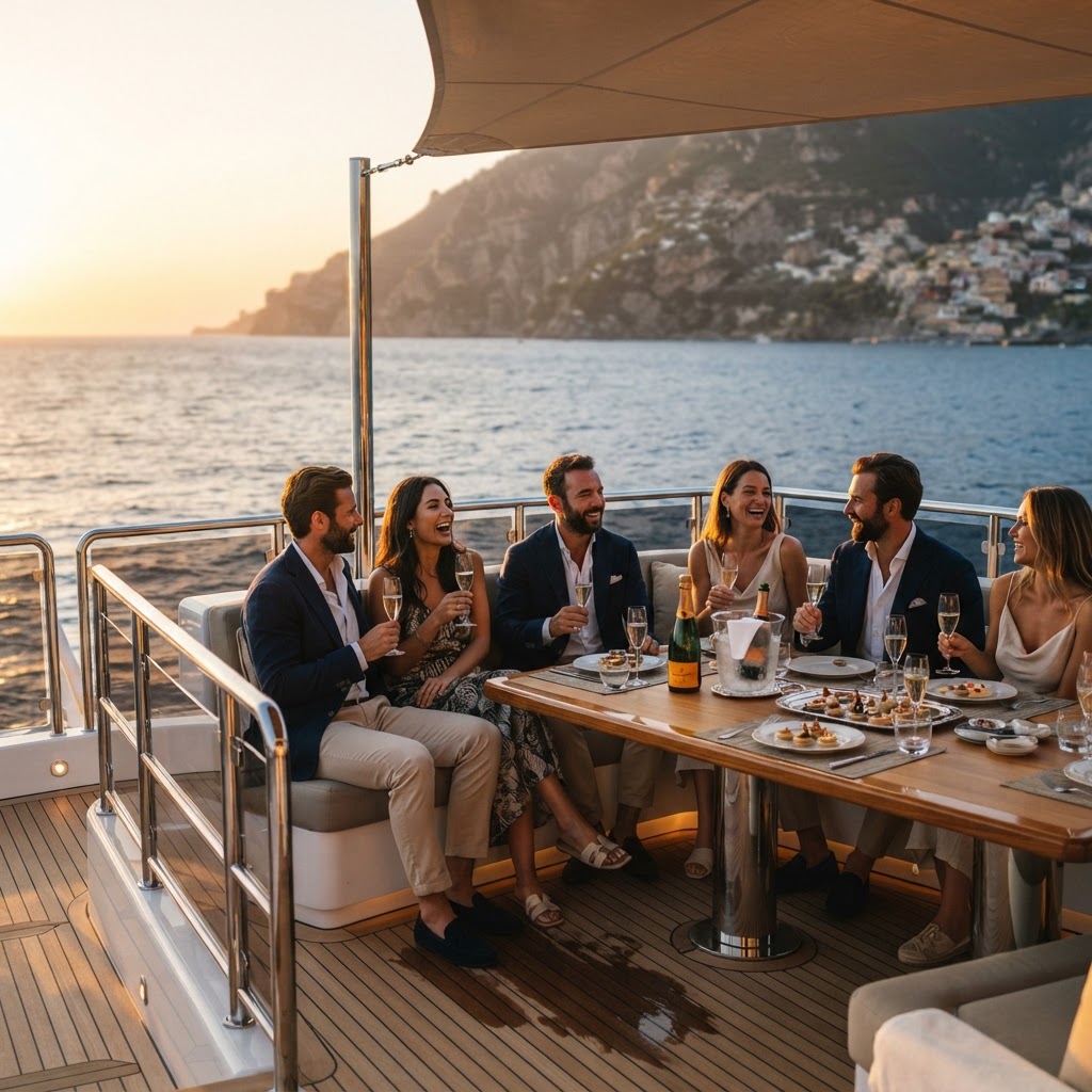 Guests relaxing over champagne and canapés on the aft deck of a 45 metre superyacht at golden hour