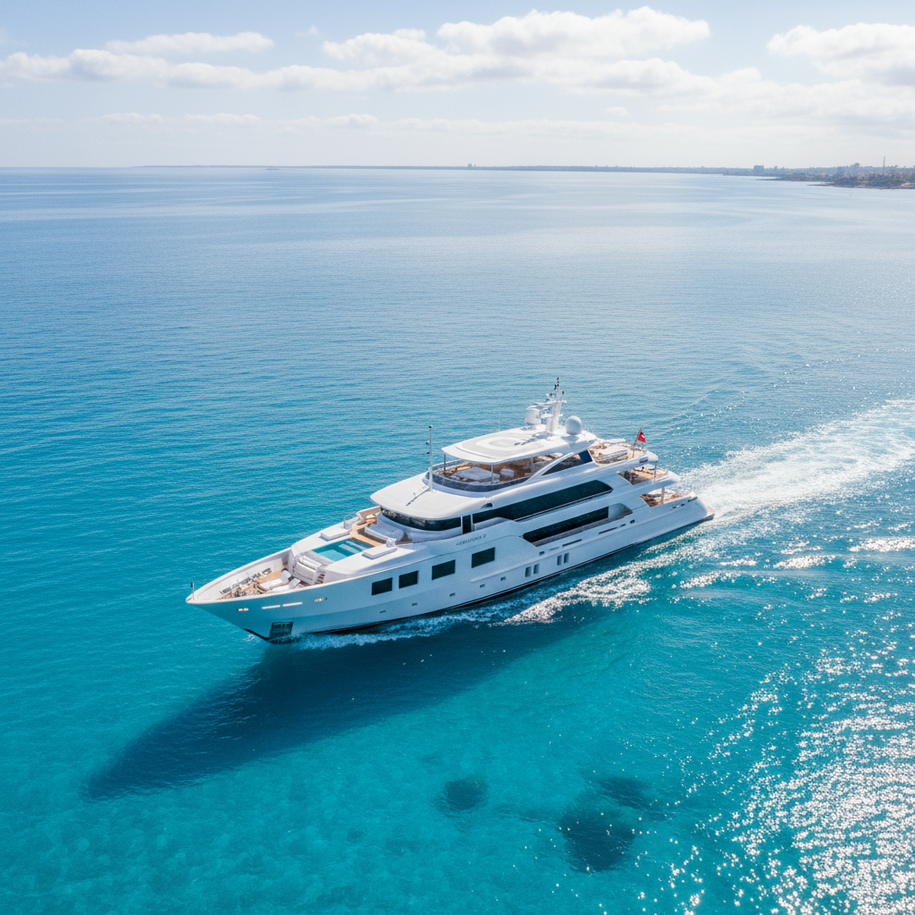 Luxury motor yacht cruising at golden hour