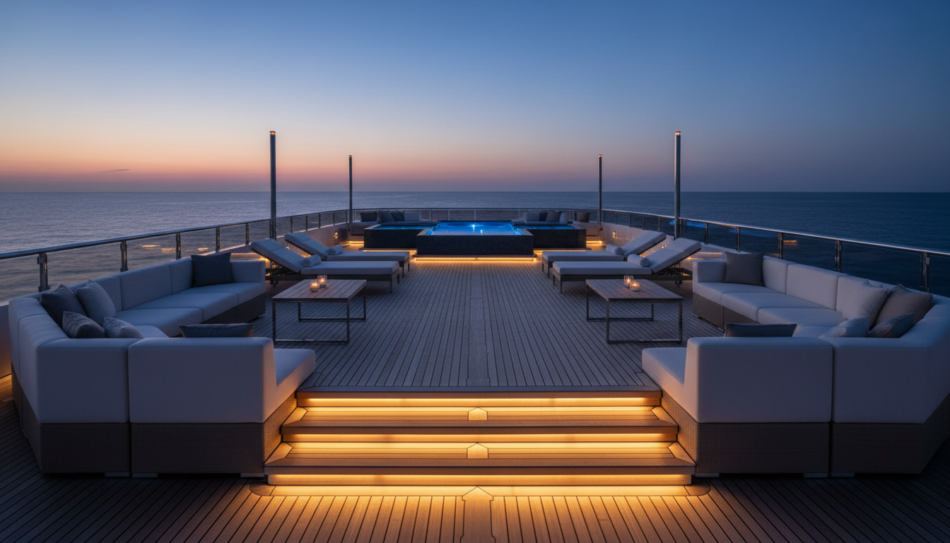 Luxury yacht deck at dusk