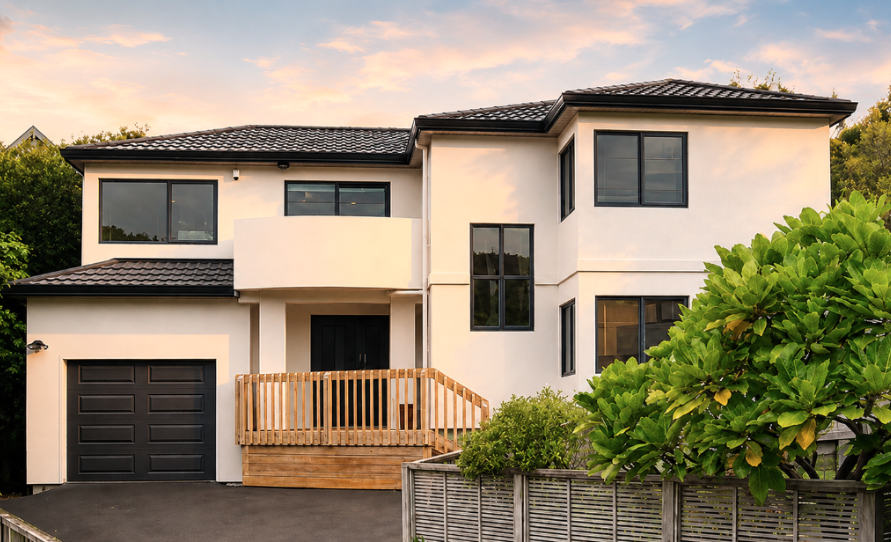 Modern two-story cream-colored home at dusk with wooden deck and picket fence